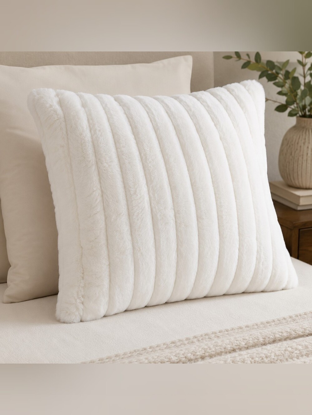 Plush White Faux Fur Ribbed Sham. 18x18.